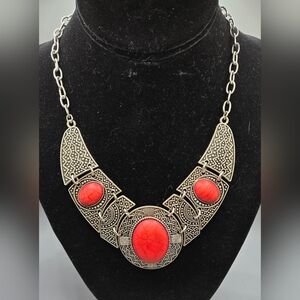 Collar Necklace Red Acrylic Cabochons Set in Silver Tone Hardware 15" + 2½" Ext